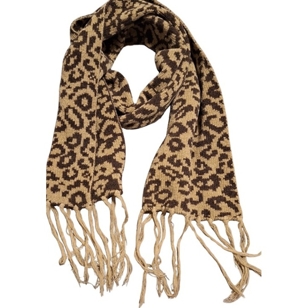 Leopard Print Womens Knit Winter Scarf Brown Tan Neutral Fringe Animal‎ Print